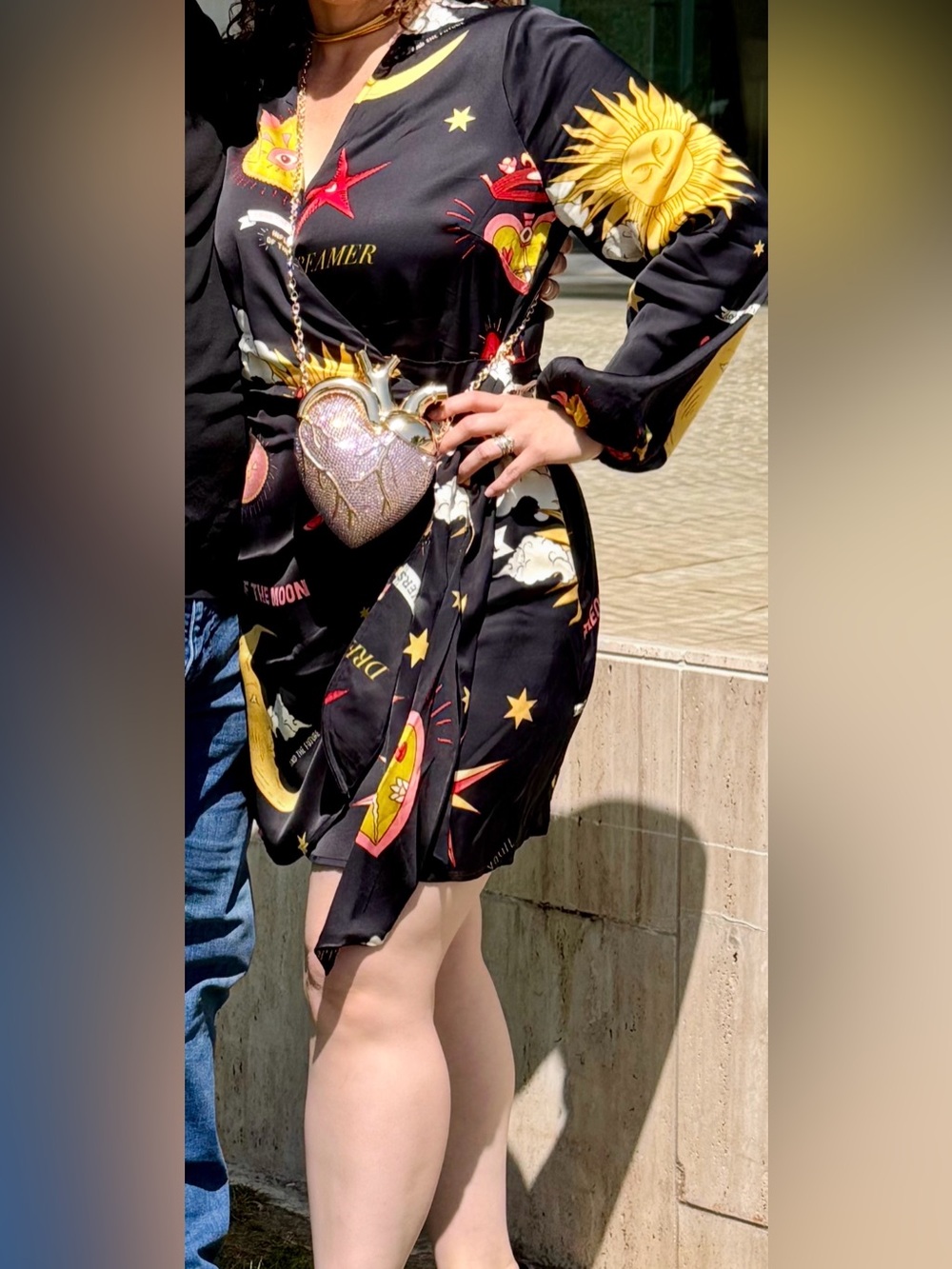 Never Fully Dressed Black Wrap Dress with Yellow and Red Celestial Print